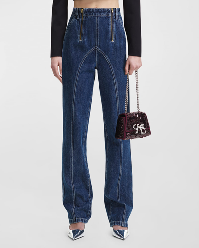 Shop Self-portrait Wide-leg Stitched High-rise Denim Jeans In Blue