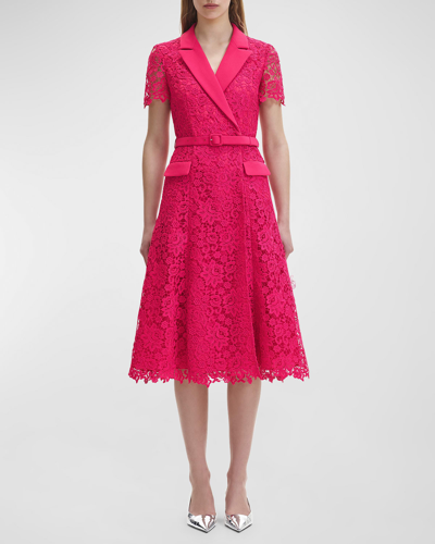 Shop Self-portrait Lace Midi Belted Short-sleeve Shirtdress In Pink