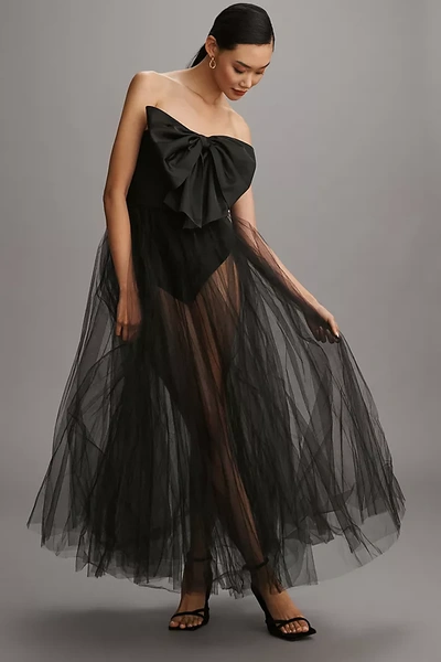 Shop Hutch Strapless Sheer Bow Maxi Dress In Black