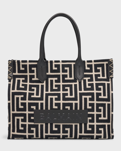 Balmain B Army Medium Shopper Tote Bag In Monogram Jacquard In Black/white