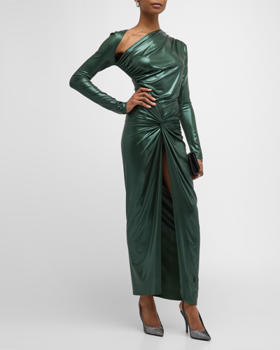 Shop Lapointe Metallic Coated Jersey Asymmetric Draped Maxi Sarong Dress In Forest