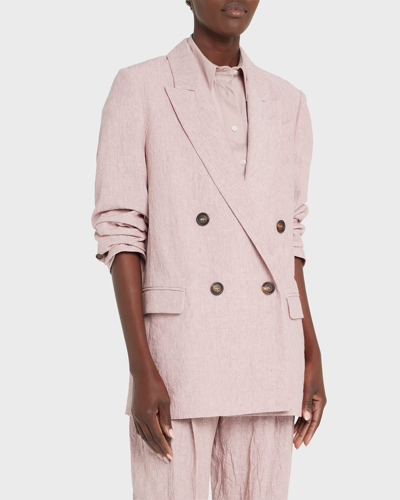 Shop Brunello Cucinelli Crinkle Linen Double-breasted Blazer Jacket In C052 Dusty Pink