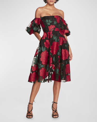 Shop Marchesa Notte Off-shoulder Floral Applique Midi Dress In Black Combo