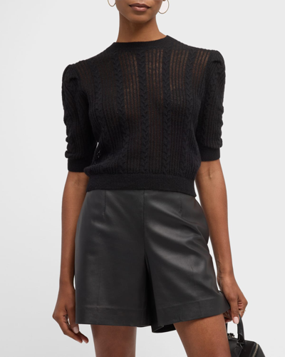 Shop Frame Pointelle Cashmere Ruched-sleeve Sweater In Noir
