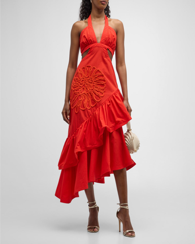 Shop Johanna Ortiz Collective Beliefs Cutout Tiered-ruffle Asymmetric Midi Dress In Rojo Flamenco