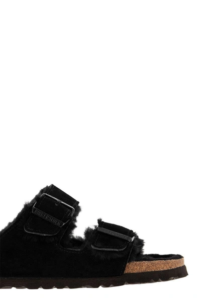 Birkenstock Arizona Shearling Slides With Large Buckle In Black