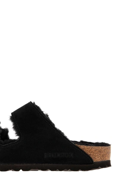 Birkenstock Arizona Shearling Slides With Large Buckle In Black