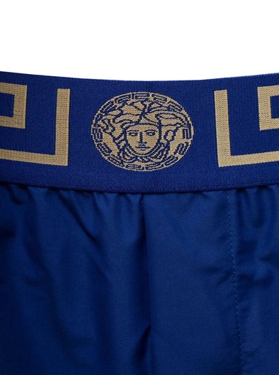 Shop Versace Blue Swim Trunks With Greca And Medusa Head Print On Elastic Waistband In Nylon Man