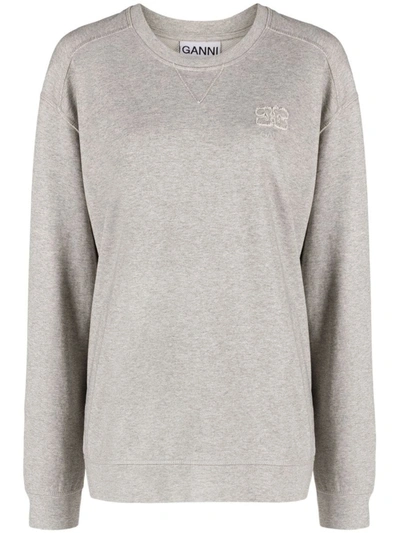 Shop Ganni Organic Cotton Crewneck Sweatshirt In Grey