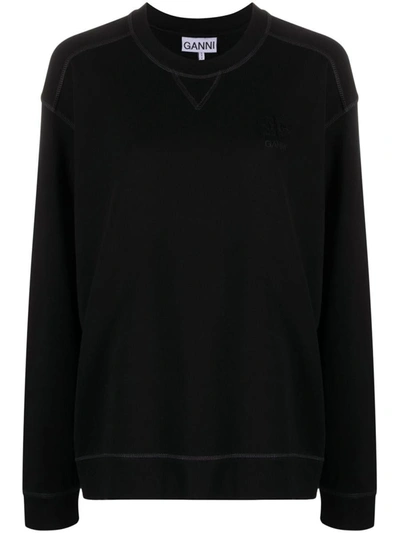 Shop Ganni Organic Cotton Crewneck Sweatshirt In Black