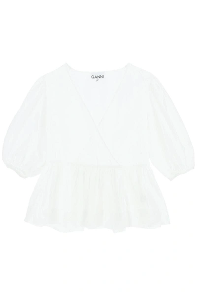 Shop Ganni Peplum Top With Puff Sleeves In White
