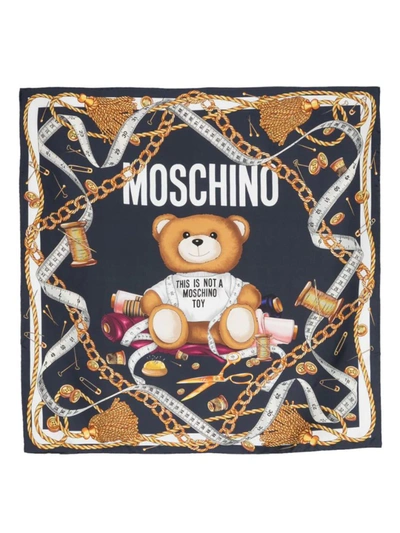 Shop Moschino Scarf With Toy Bear Print In Blue