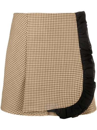 Shop Msgm Ruffled-trim Check Mini Skirt In Beige