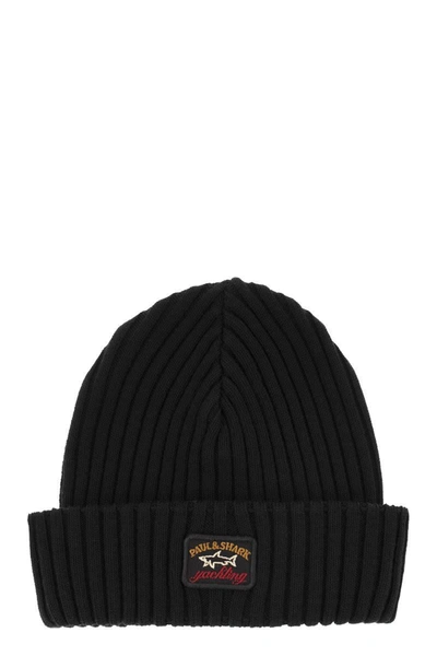 Shop Paul & Shark Iconic Coin Badge Ribbed Wool Hat In Black