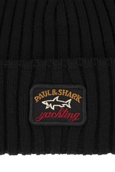 Shop Paul & Shark Iconic Coin Badge Ribbed Wool Hat In Black