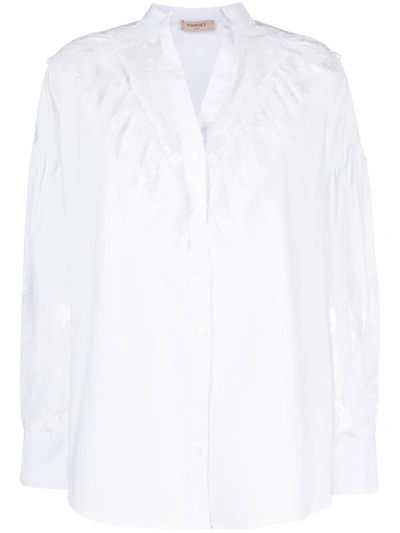 Shop Twinset Lace-panelled Ruffled Shirt In White