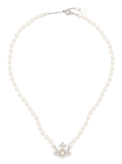 Shop Vivienne Westwood Mini Bas Relief Pearl Necklace In Silver