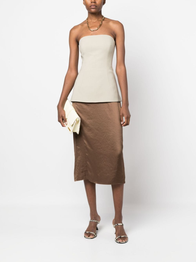 Theory Overlap Tech Satin Midi Slip Skirt In Brown