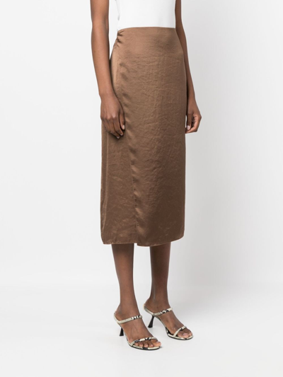 Theory Overlap Tech Satin Midi Slip Skirt In Brown