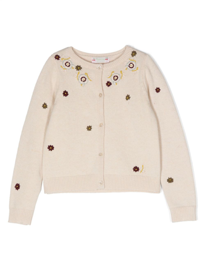 Shop Bonpoint Floral-embroidered Ribbed-knit Cardigan In Neutrals