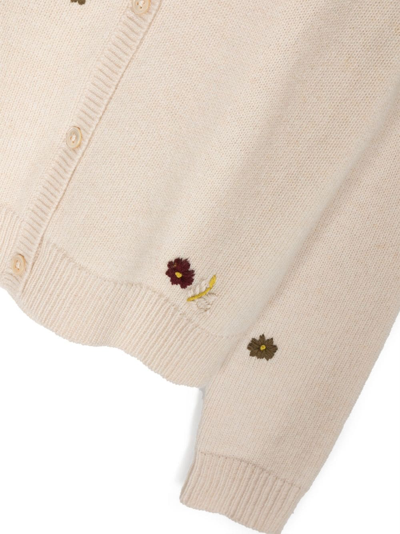 Shop Bonpoint Floral-embroidered Ribbed-knit Cardigan In Neutrals