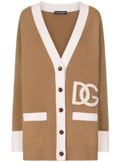 Shop Dolce & Gabbana Logo-patch Virgin Wool Cardigan In Brown