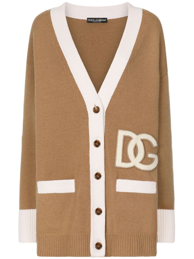 Dolce & Gabbana Logo-patch Virgin Wool Cardigan In Brown
