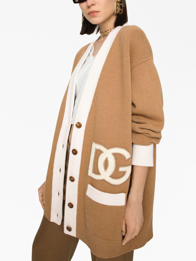 Dolce & Gabbana Logo-patch Virgin Wool Cardigan In Brown