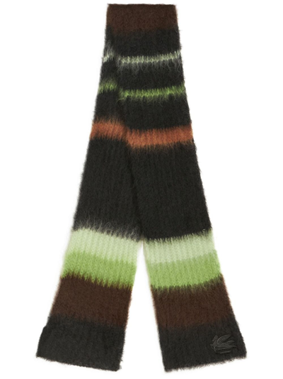 Shop Etro Pegaso-motif Striped Knitted Scarf In Brown
