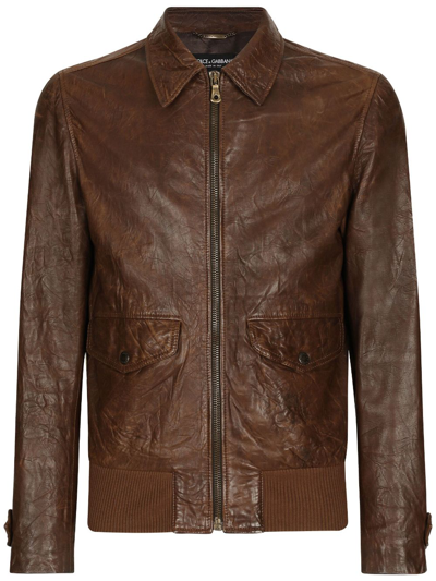 Shop Dolce & Gabbana Logo-plaque Crinkled Leather Jacket In Brown