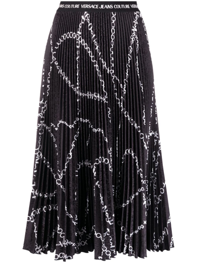 Shop Versace Jeans Couture Chain-print Plissé Skirt In Black