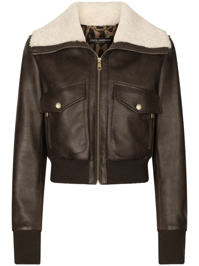 Shop Dolce & Gabbana Shearling-collar Bomber Jacket In Brown