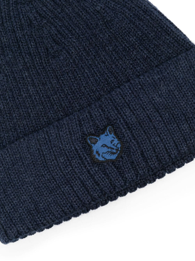 Shop Maison Kitsuné Fox-motif Ribbed Beanie In Blue