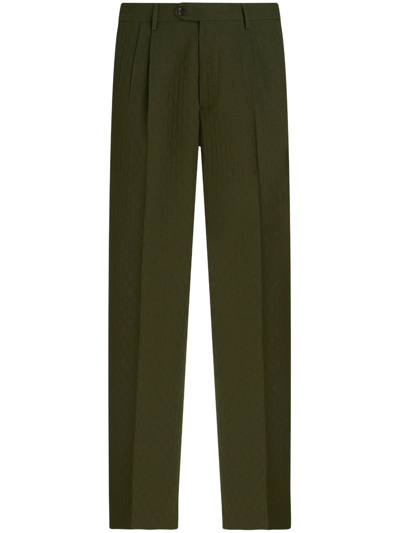 Shop Etro Box-pleat Virgin-wool Trousers In Green