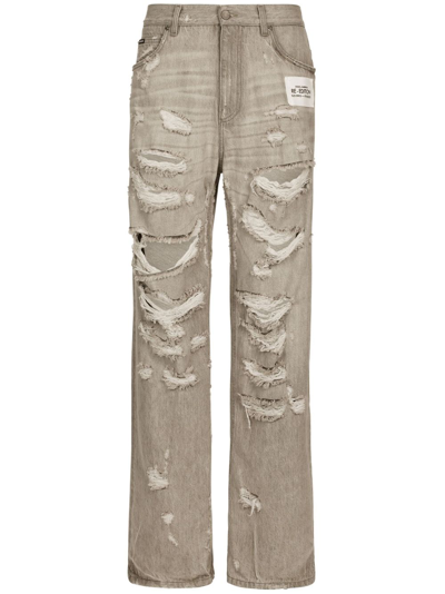 Shop Dolce & Gabbana Distressed Straight-leg Jeans In Grey