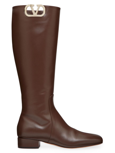 Shop Valentino Women's Vlogo Type Calfskin Boots 30mm In Brown