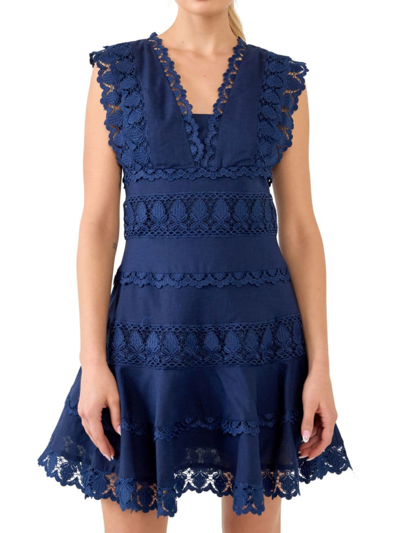 Shop Endless Rose Women's Plunging Neck Lace Trim Dress In Navy