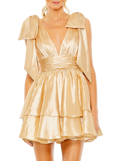 Shop Mac Duggal Women's Bow-shoulder Ruffled Minidress In Pale Gold