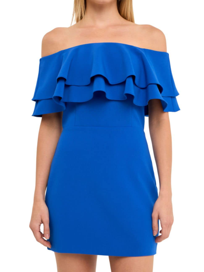 Shop Endless Rose Women's Ruffled Off Shoulder Mini Dress In Blue