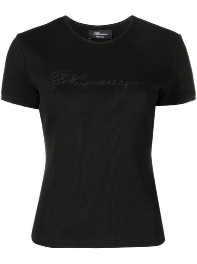 Shop Blumarine Logo-embroidered Fine-ribbed T-shirt In Black