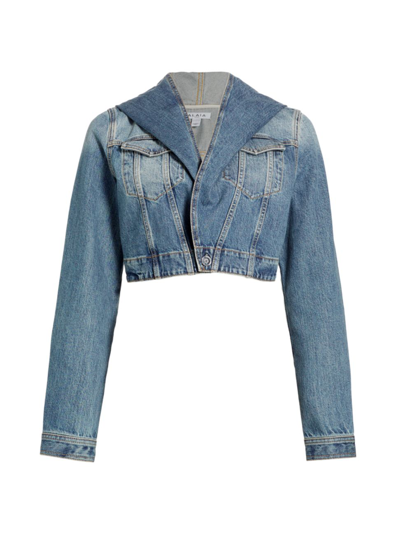 Shop Alaïa Women's Cropped Hooded Denim Jacket In Vintage Blue