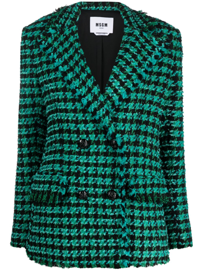 Shop Msgm Tweed Houndstooth Double-breasted Jacket In Green