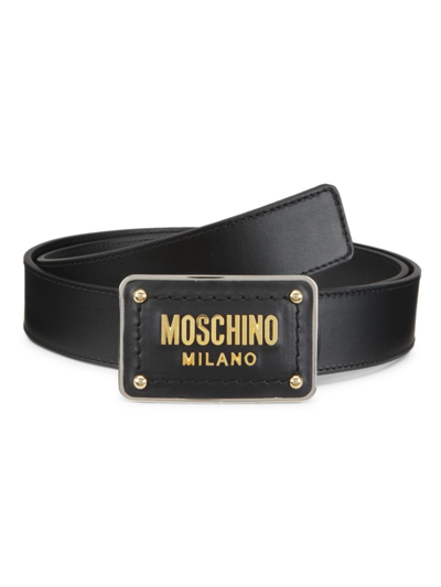 Shop Moschino Men's Logo Leather Buckle In Fantasy Print Black