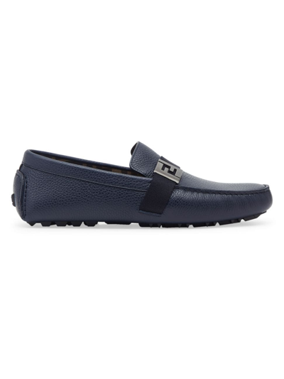 Shop Fendi Men's Logo-accented Leather Loafers In Blue Berry