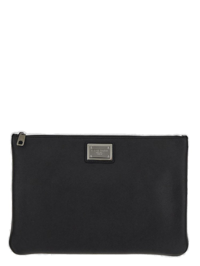 Shop Dolce & Gabbana Logo Plaque Zipped Clutch Bag In Black