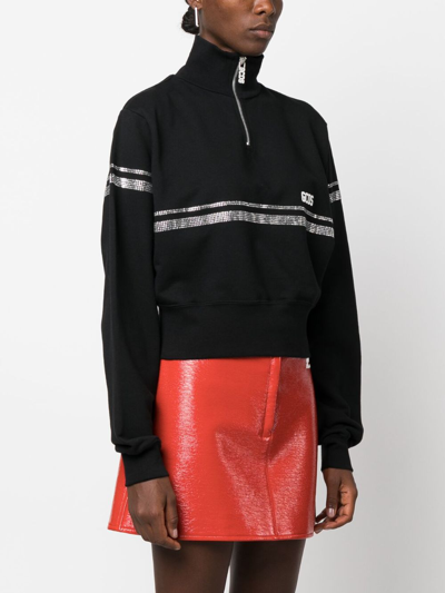 Gcds Rhinestone-embellished Cropped Sweatshirt In Black