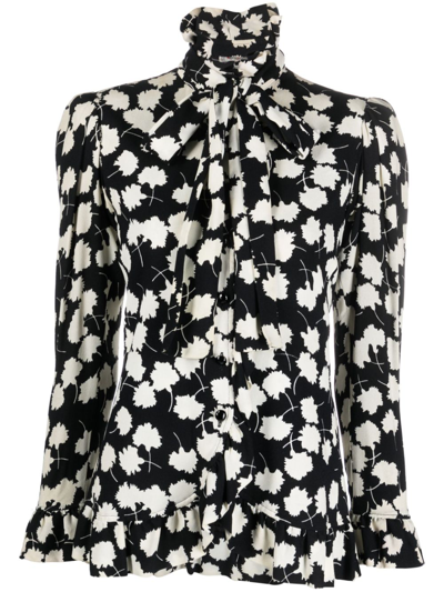 Pre-owned Saint Laurent 1978 Pussy Bow Floral Blouse In Black