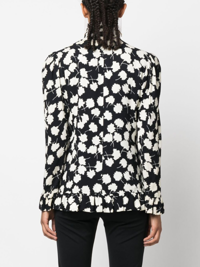 Pre-owned Saint Laurent 1978 Pussy Bow Floral Blouse In Black