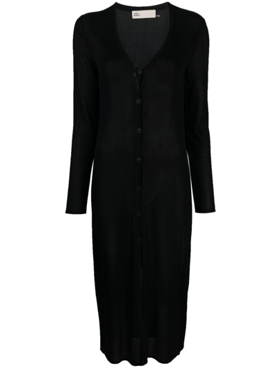 Tory Burch Viscose Cardigan With Long Cut And Ribbed Accents In Black