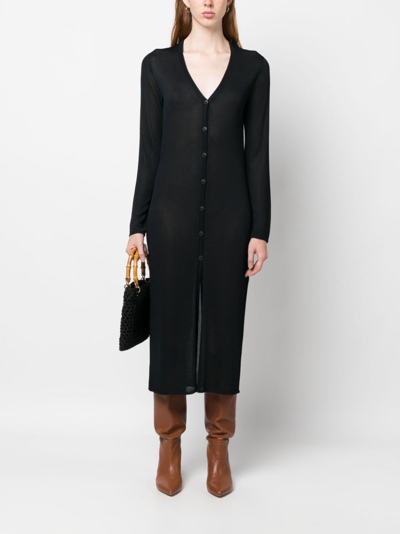 Tory Burch Viscose Cardigan With Long Cut And Ribbed Accents In Black